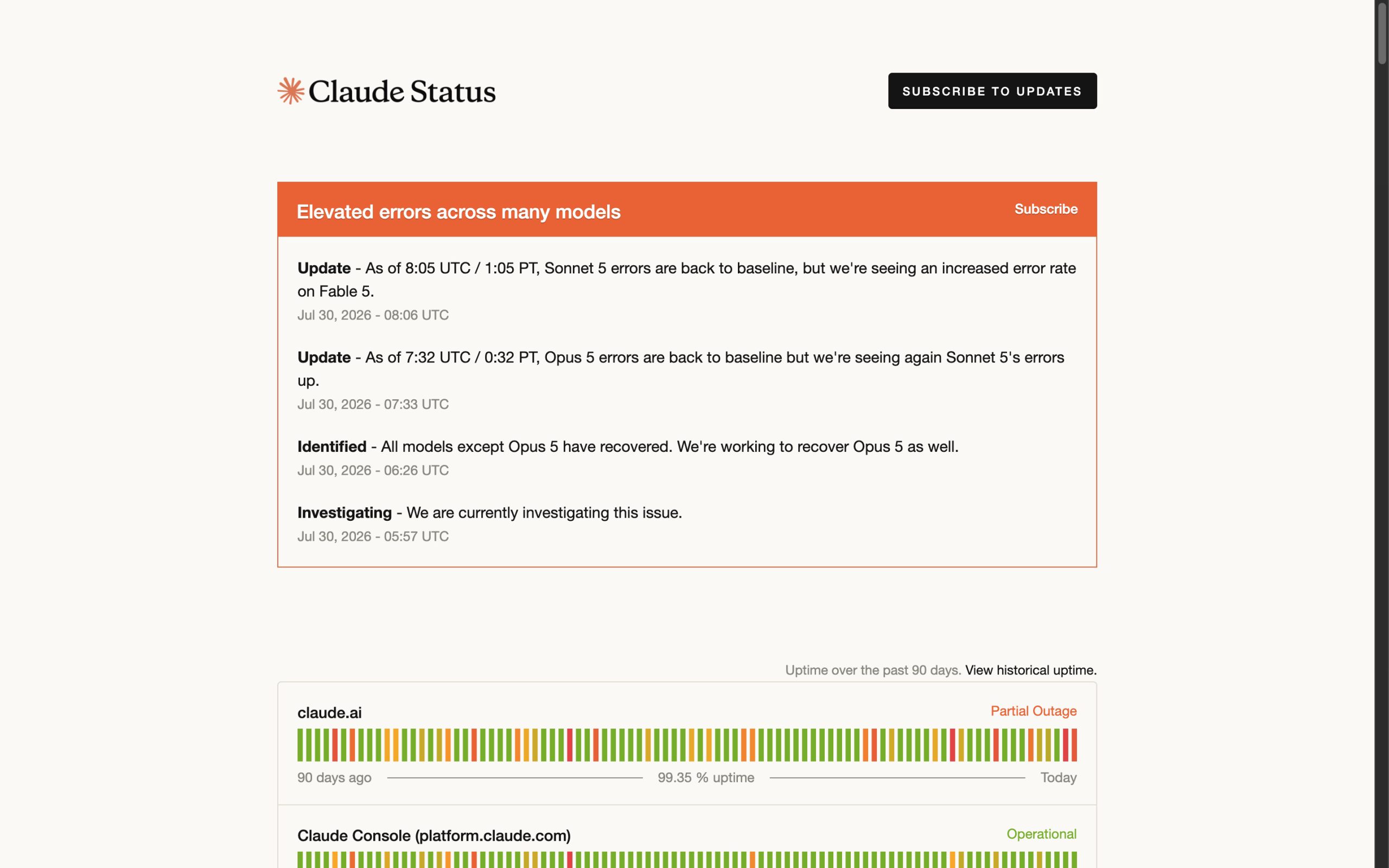 status.claude.com에 표시된 실제 장애 — Elevated errors across many models 주황 배너 아래 Investigating, Identified, Update 순서의 타임라인과 claude.ai Partial Outage 표시